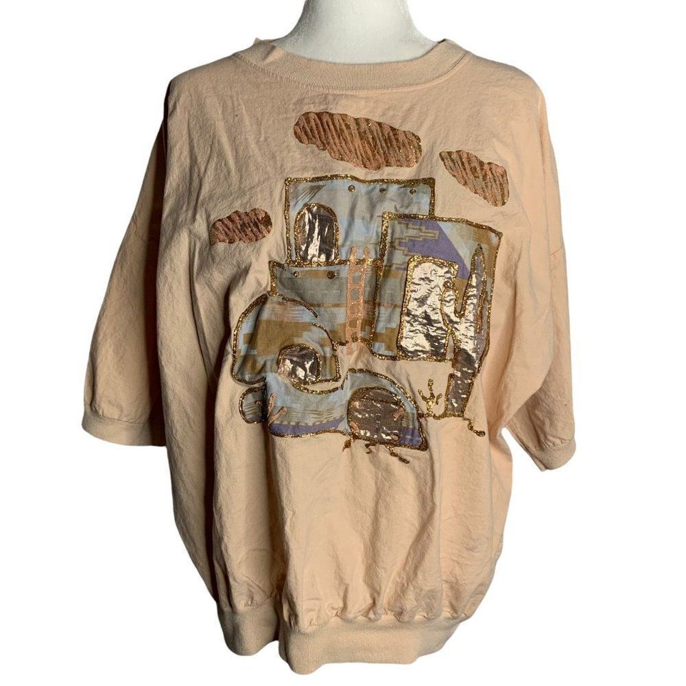 Vintage 80s Hand Painted Sweatshirt XL Pink Crewneck Puff Glitter Southwest
